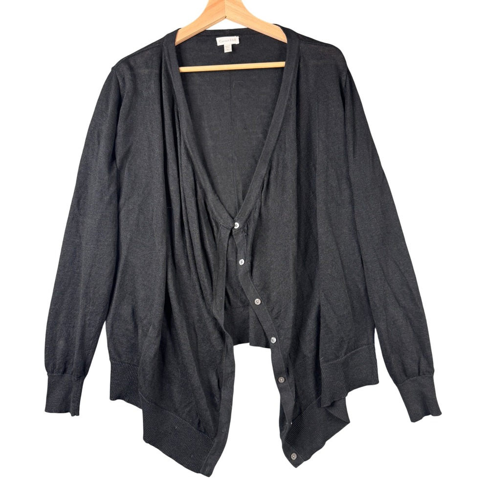 Garnet Hill Black 100% Linen Button Front Drape Cardigan Sweater Medium